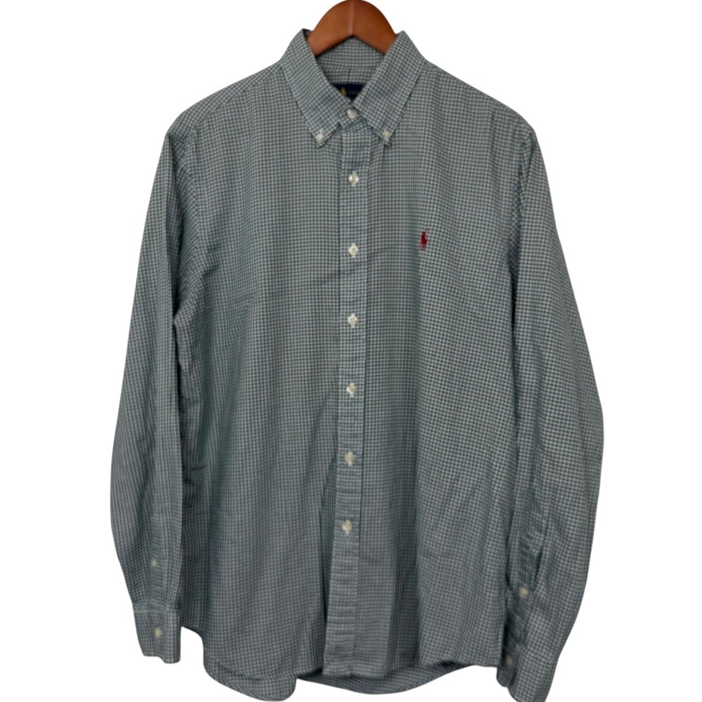 Ralph Lauren Mens Gingham Button‎ Down Shirt Green White Cotton Large